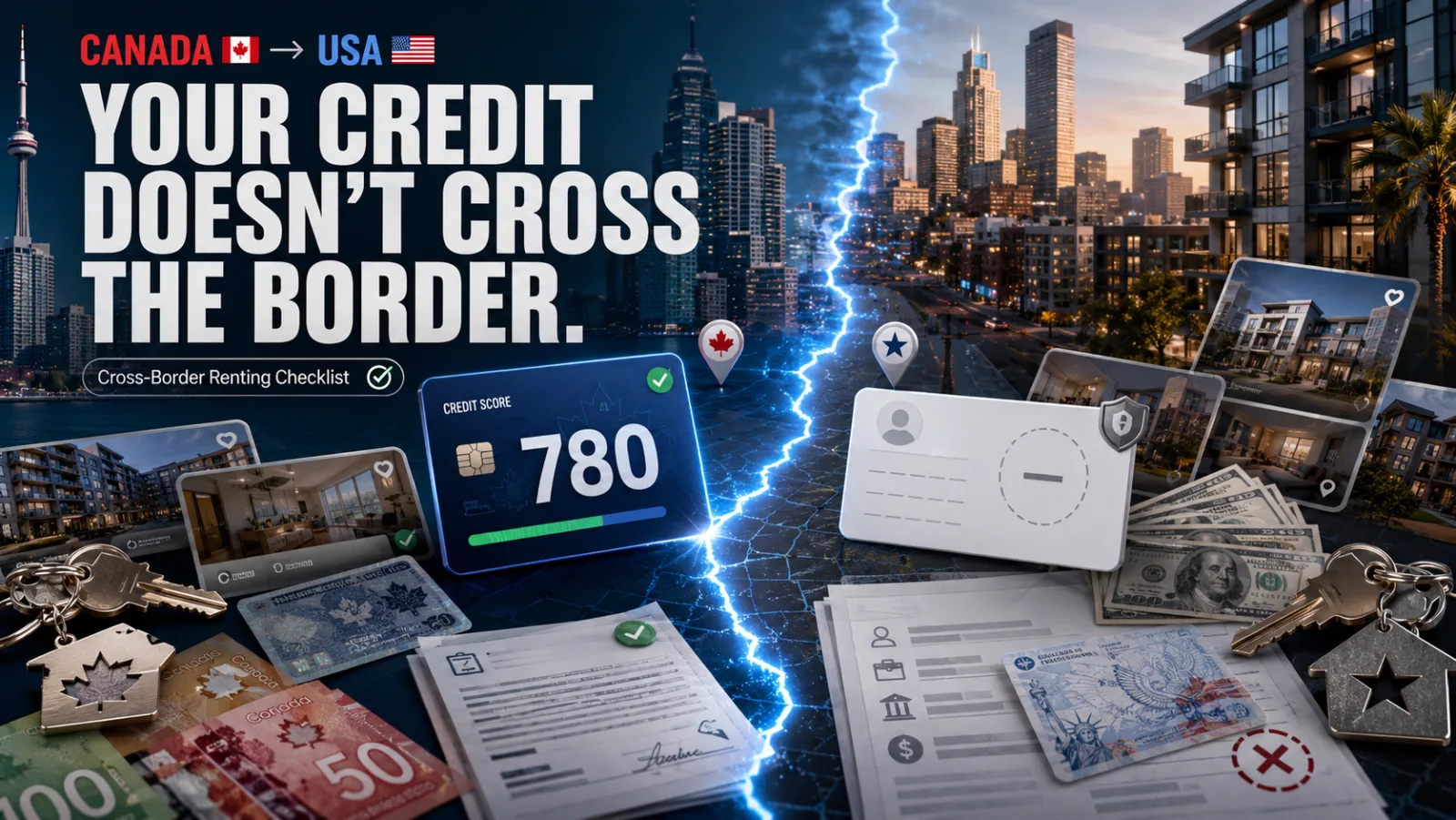 Canadian credit score of 780 stopping at the Canada–US border, with a blank US credit file on the other side