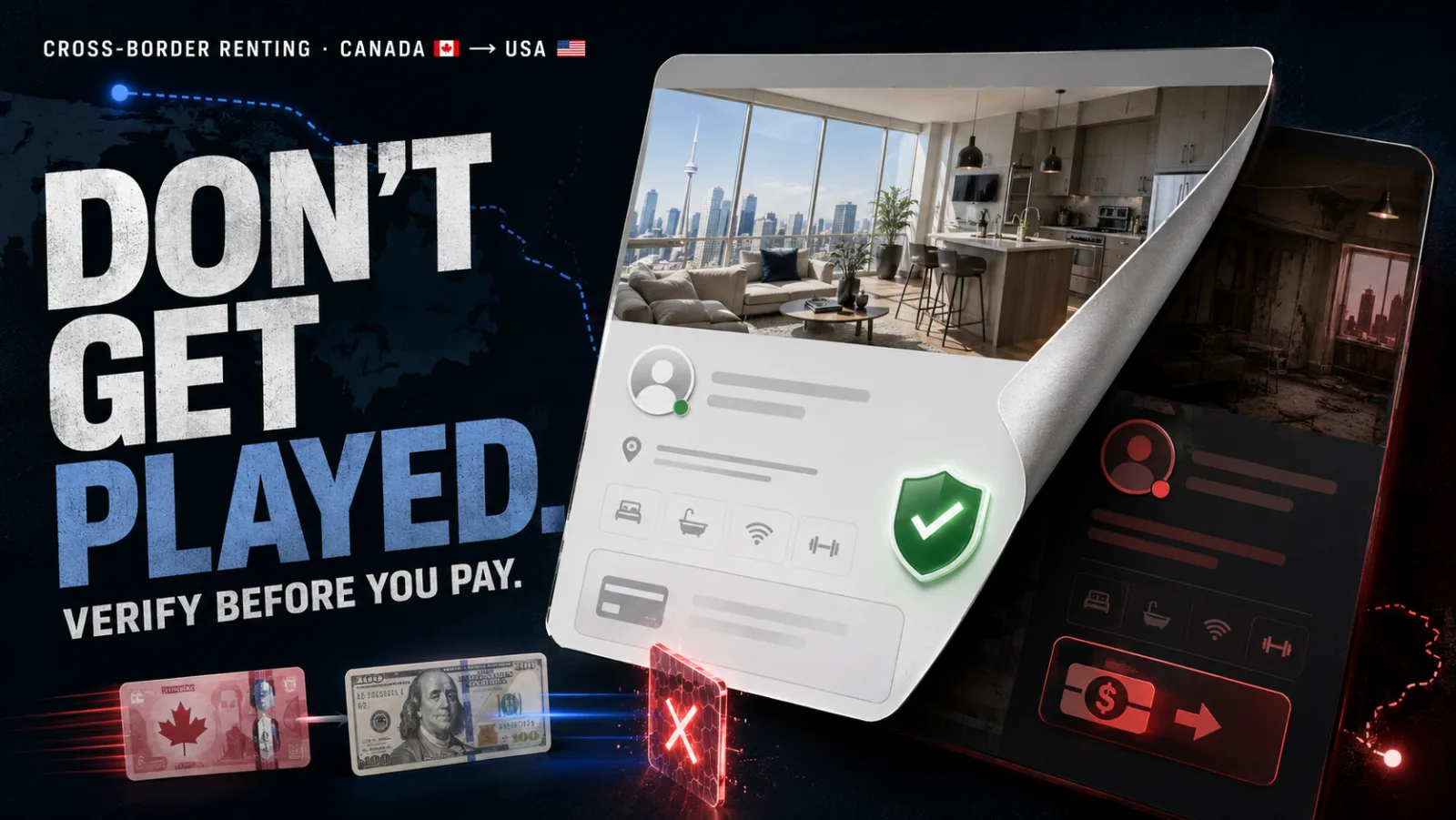 A rental listing peeled back to reveal a scam behind it, with a blocked cross-border payment